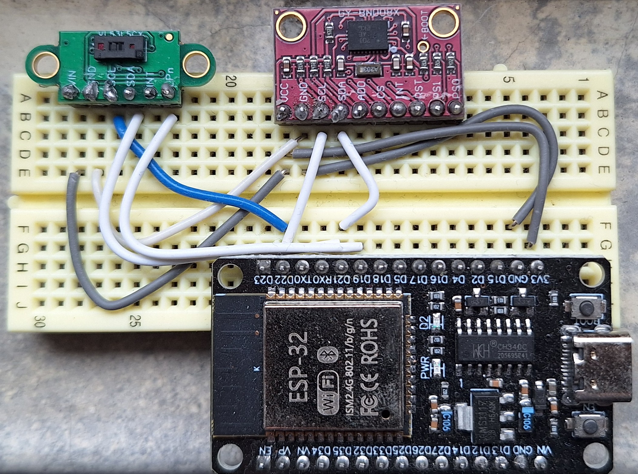 ESP32 DOIT DevKit with VL53L5CX ToF sensor and BNO08x IMU on a shared I2C bus
