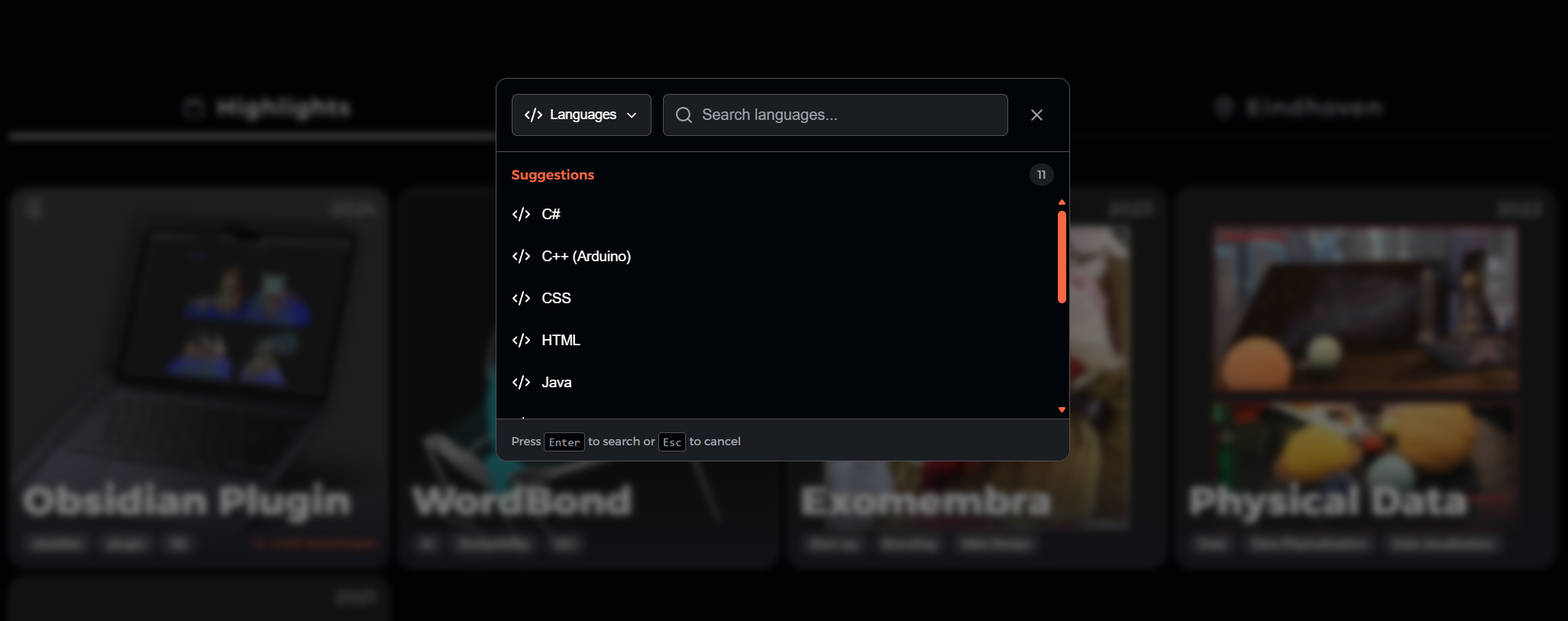 Portfolio website filter and search interface